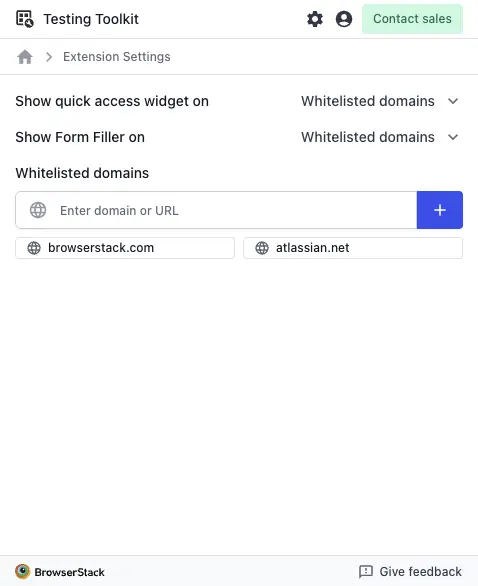 Extension Settings page showing the Whitelisted domains input and a list of added domains.