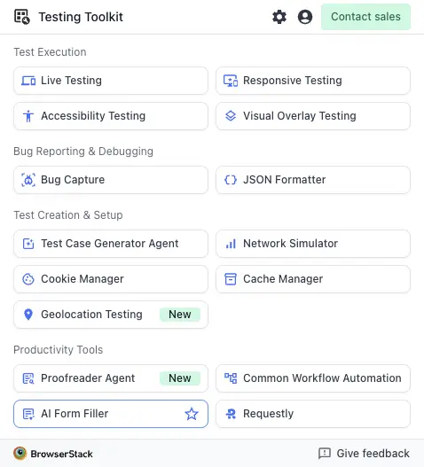 Testing Toolkit panel with AI Form Filler tile selected under the Productivity Tools section.