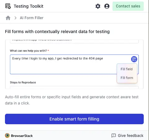AI Form Filler panel showing the Enable smart form filling button.