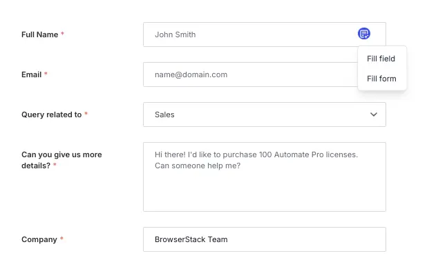 Fill field and Fill form options shown in a dropdown next to a form input.