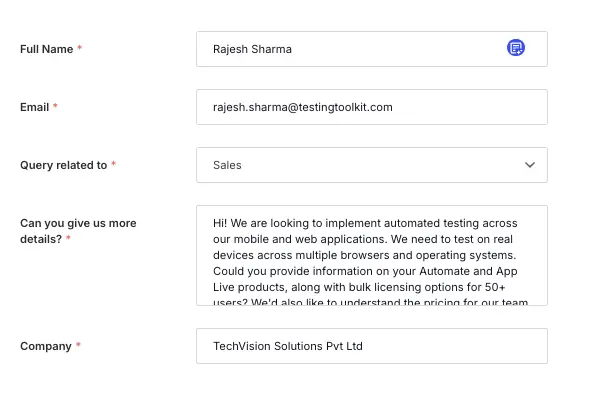 Completed web form populated with AI-generated test data across all input fields.