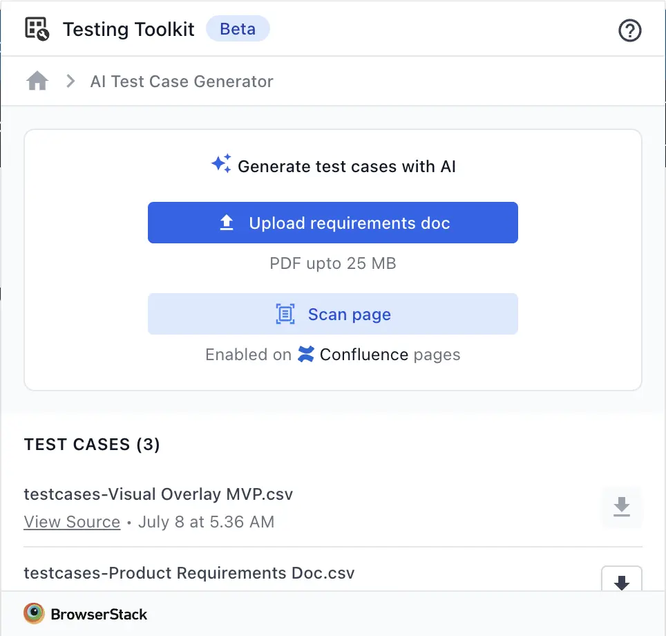 Screenshot of the Test Case Generator UI showing PDF upload and Confluence scan options