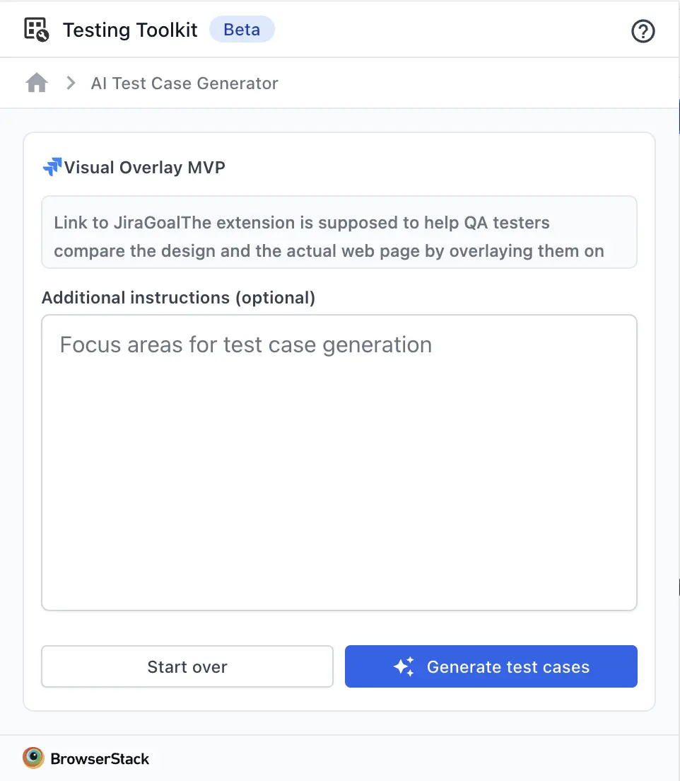 Screenshot showing optional prompt input and the Generate Test Cases button