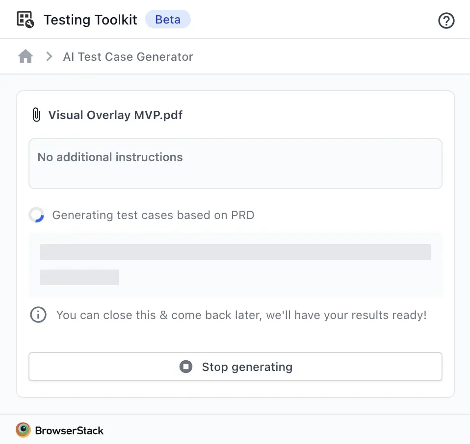 Screenshot showing test case generation in progress