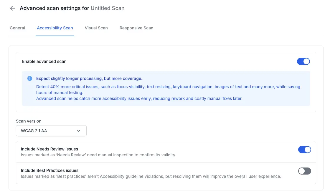 Accessibility scan advance scan settings