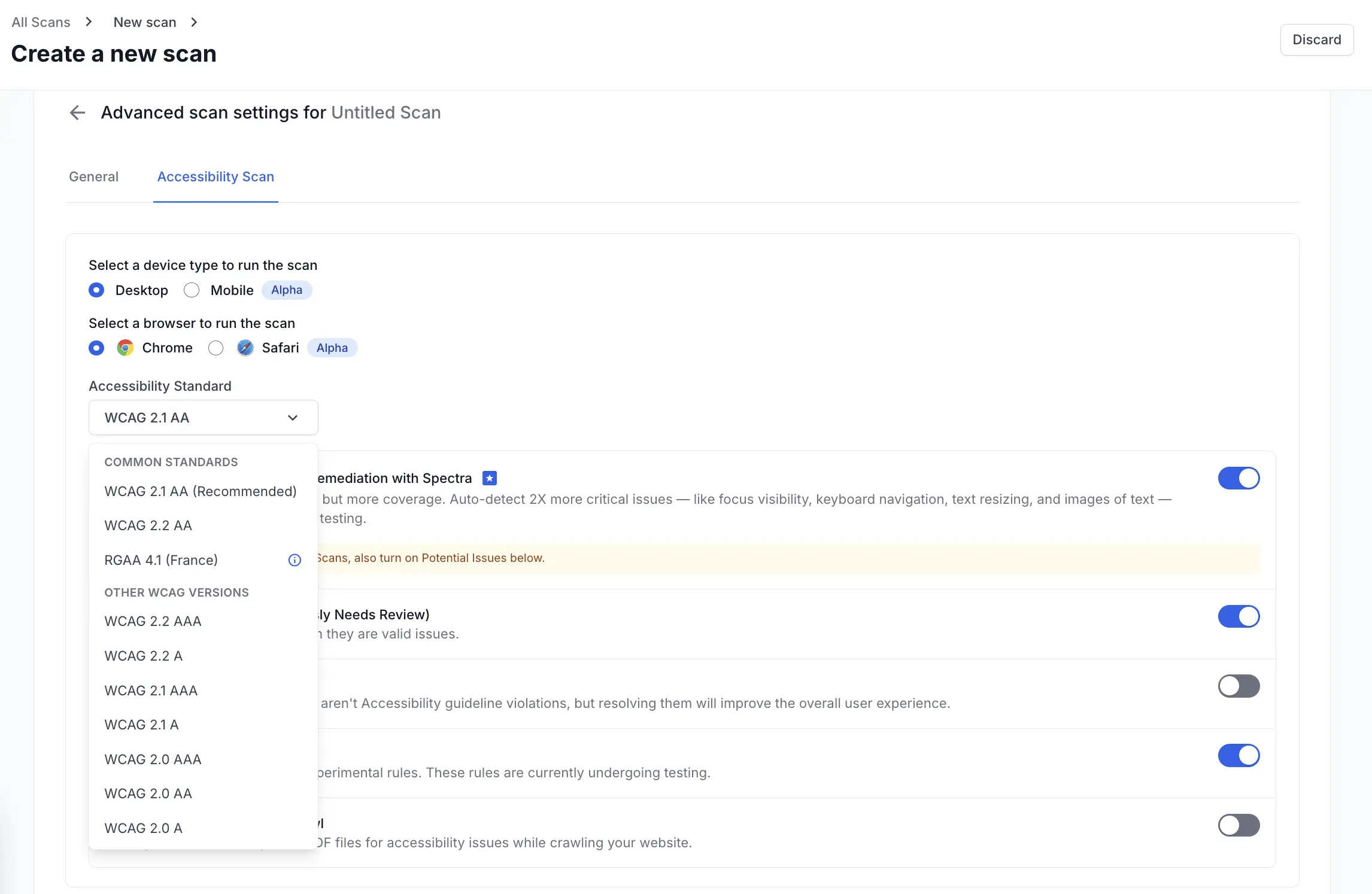 A drop-down to select the accessibility standard, along with a list of other advanced options in settings