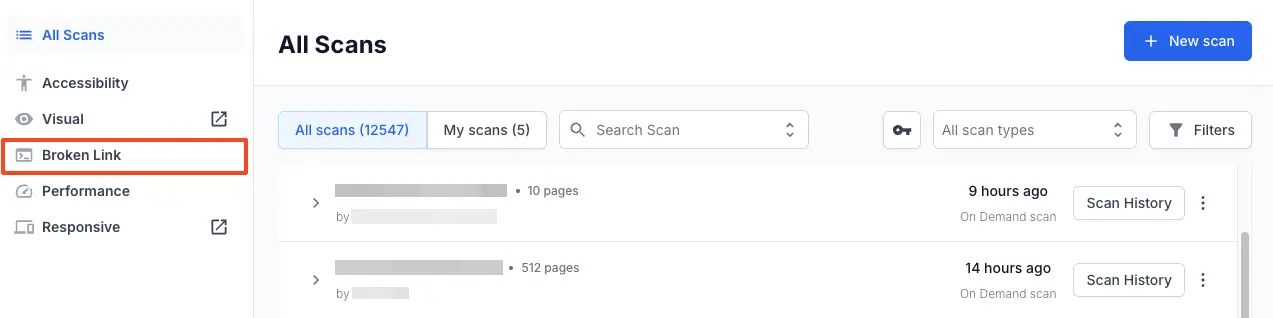 Click generated report for Broken Link scan