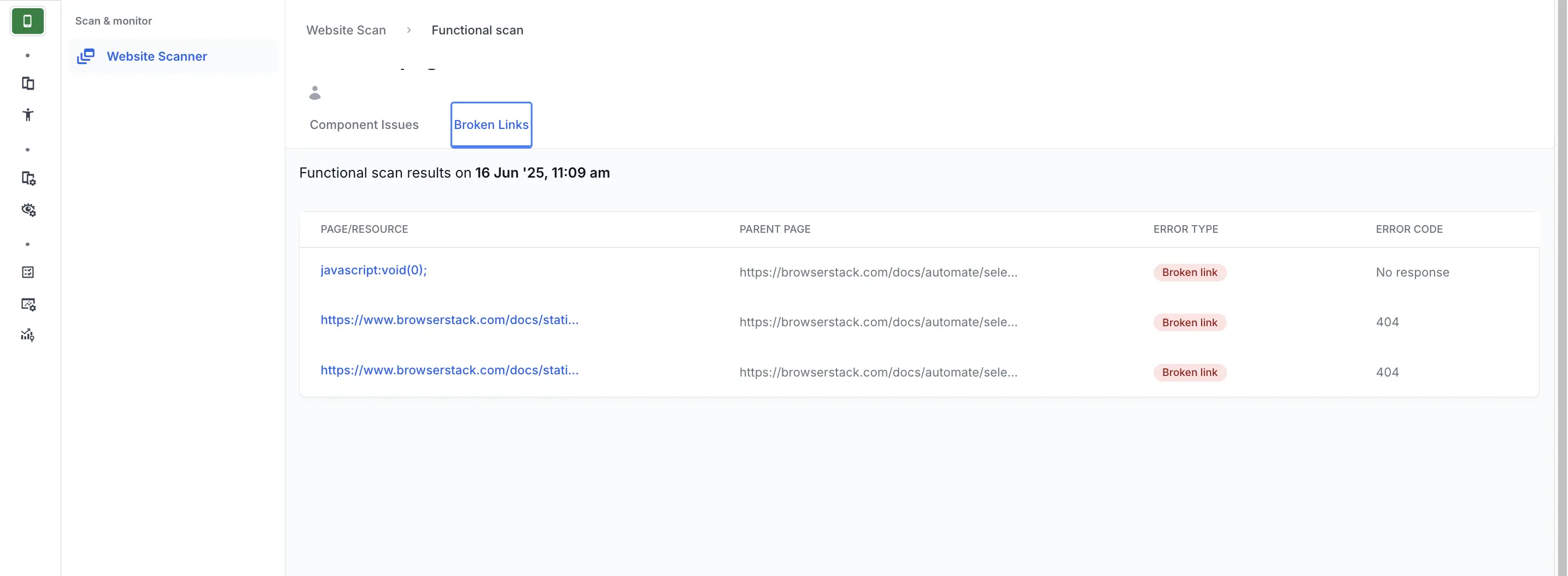 Reported broken links issues for Broken Link scan