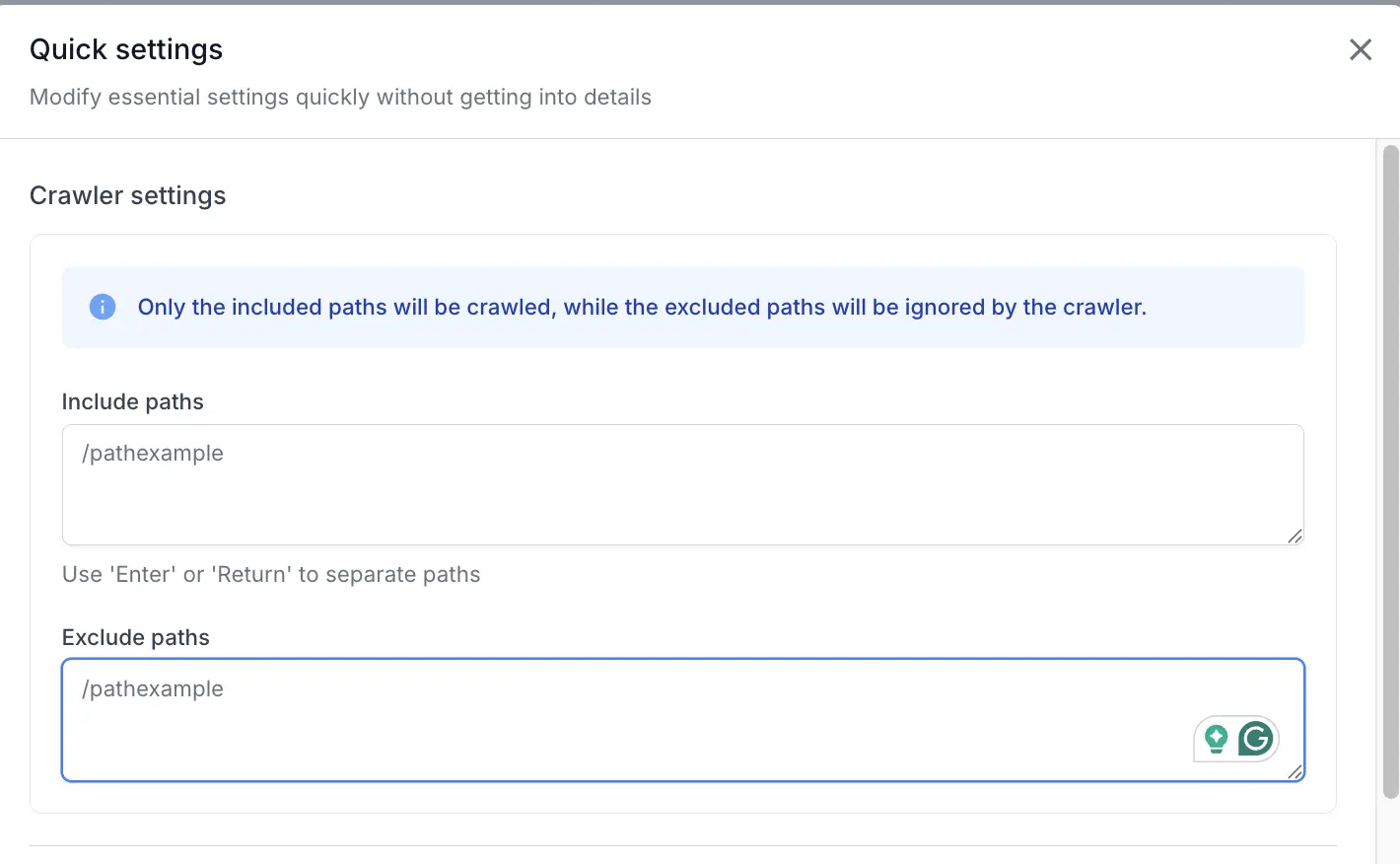 Text fields to include or exclude paths in crawler settings