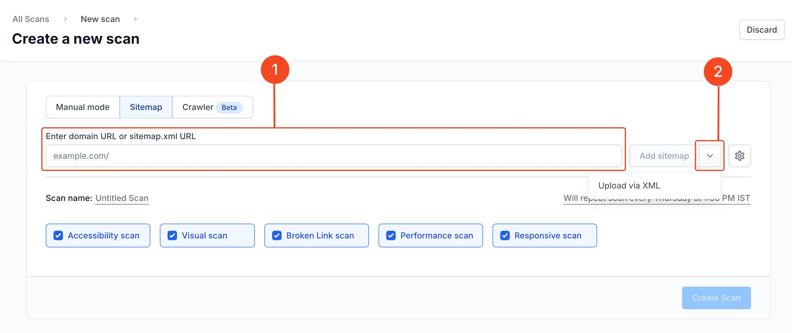 Enter domain URL or upload a sitemap xml file screen