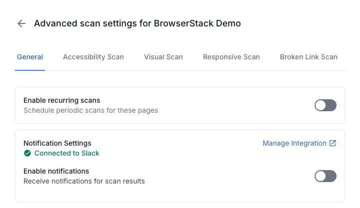 General settings tab in the Advanced scan settings page