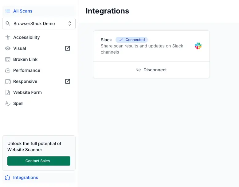 Integrations page showing the Slack integration card with a Connected status badge