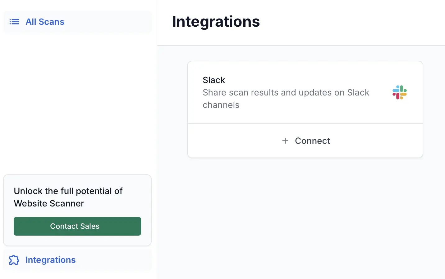 Click connect under Slack card in the Integrations page