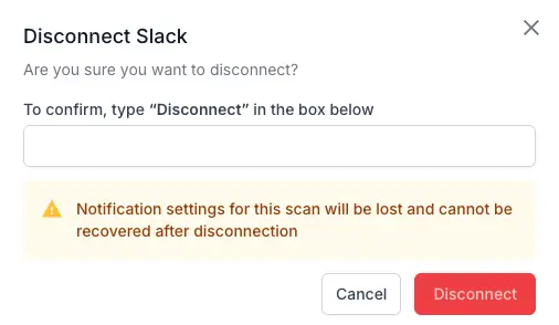 Disconnect Slack confirmation dialog prompting the user to type Disconnect to confirm