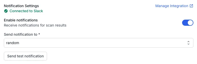 Send test notification button and sample notification message in Slack