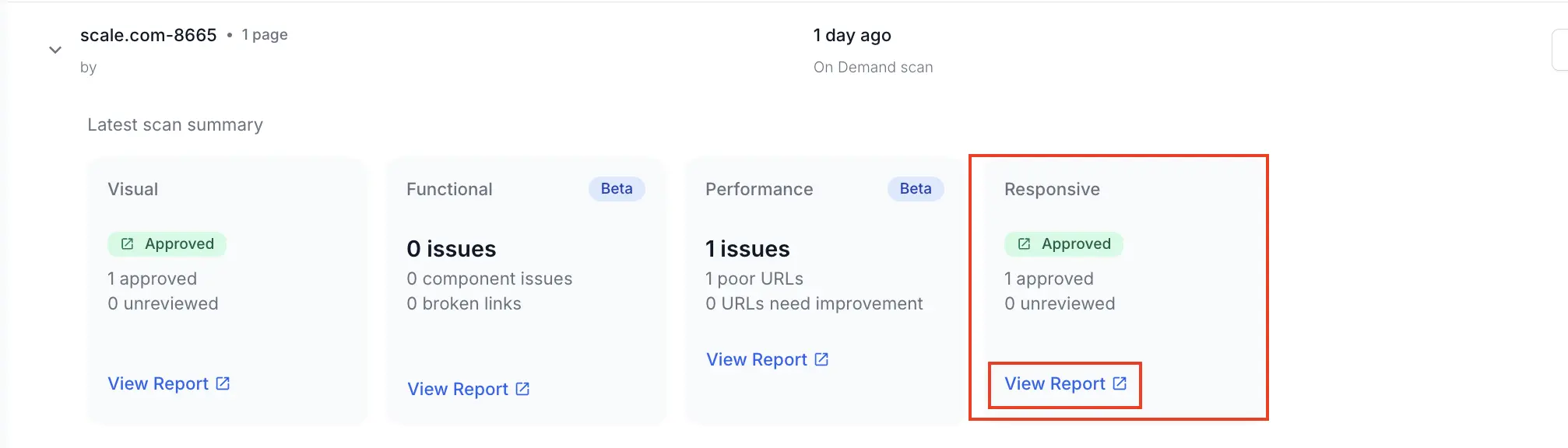 View generated report for Responsive scan