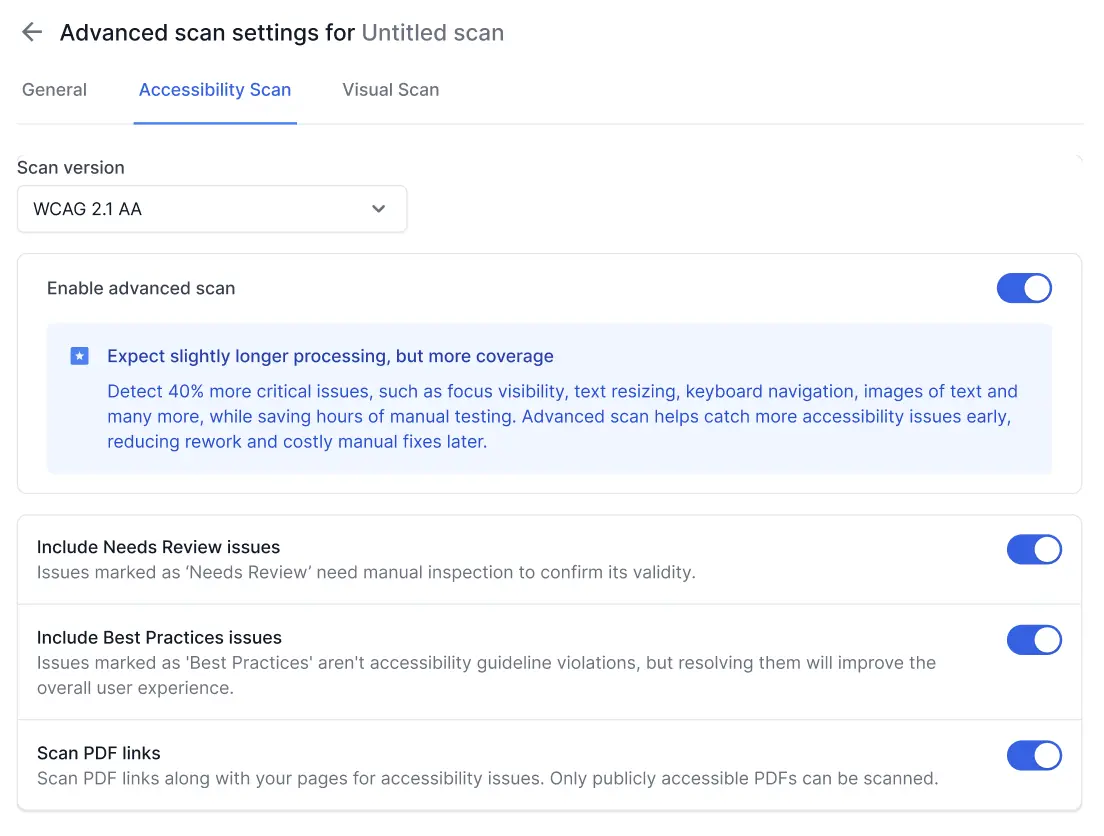 A toggle titled 'Scan PDF links' switched on, on a tab titled 'Accessibility Scan'
