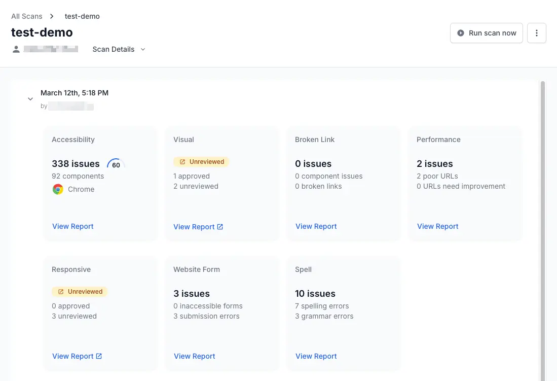 All Scans page showing the Spell summary card with issue counts for spelling errors and grammar errors