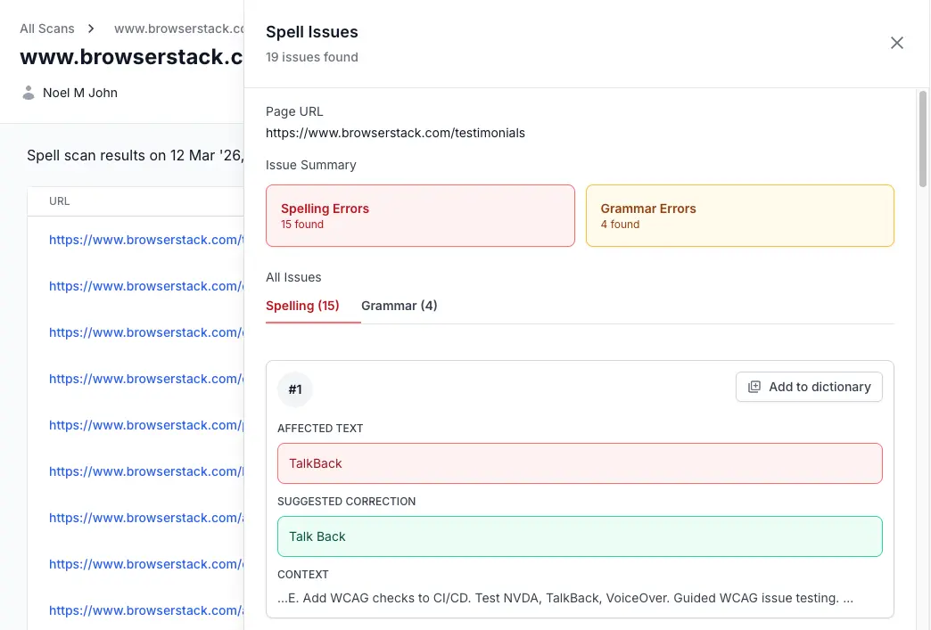 Spell error card showing the AFFECTED TEXT field in red, SUGGESTED CORRECTION field in green, and CONTEXT field with surrounding page text
