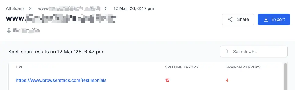 Export button at the top right of the Spell scan results page