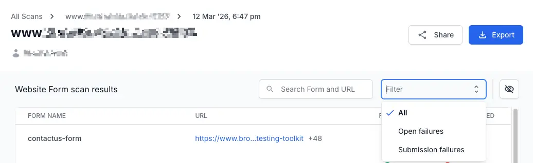 Search and filter controls above the results table, including the Search Form and URL field and the Filter dropdown