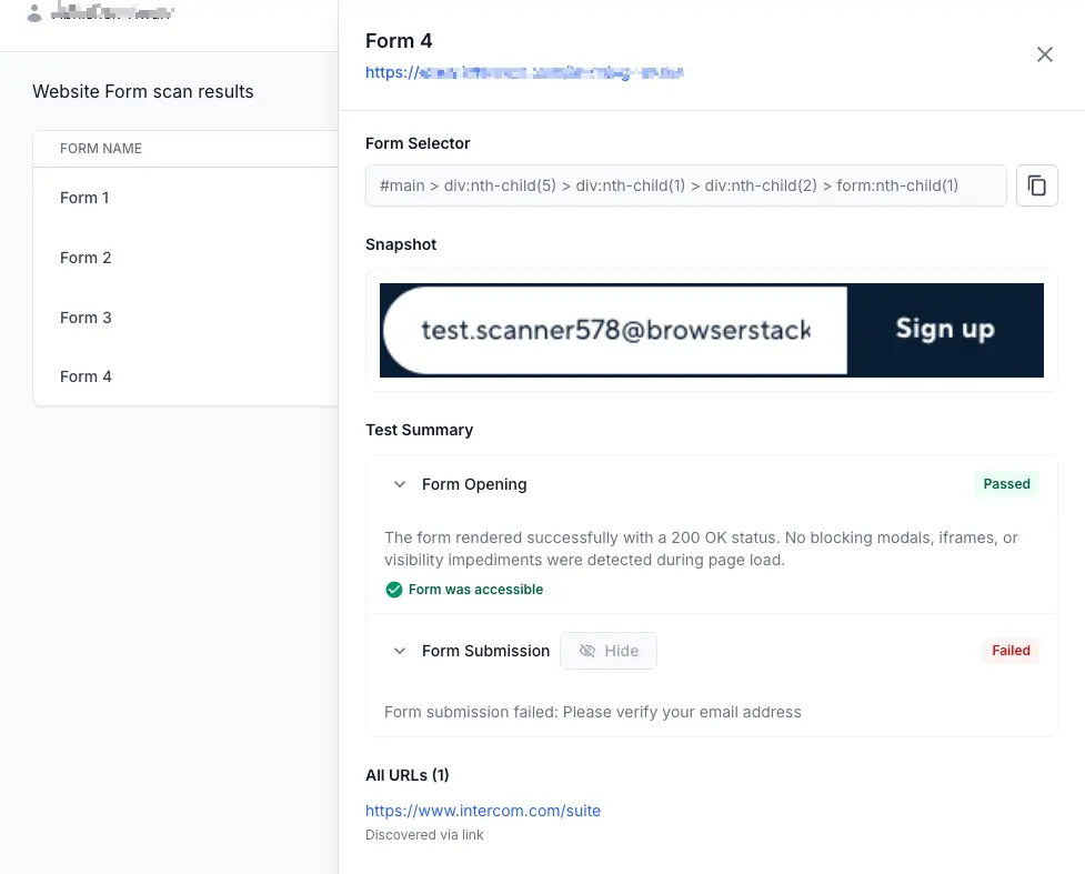 Form detail panel showing the form selector, rendered snapshot, and test summary with Form Opening and Form Submission results