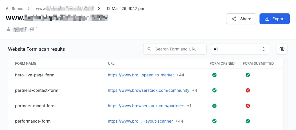 Form detail panel showing the Hide button next to the Form Submission test result