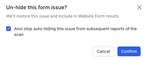 Unhide issue confirmation dialog with options to confirm unhide and stop auto-hide for future reports