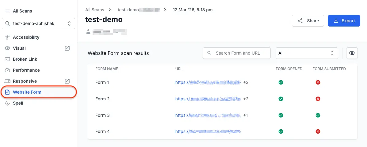 All Scans page showing the Website Form summary card with issue counts