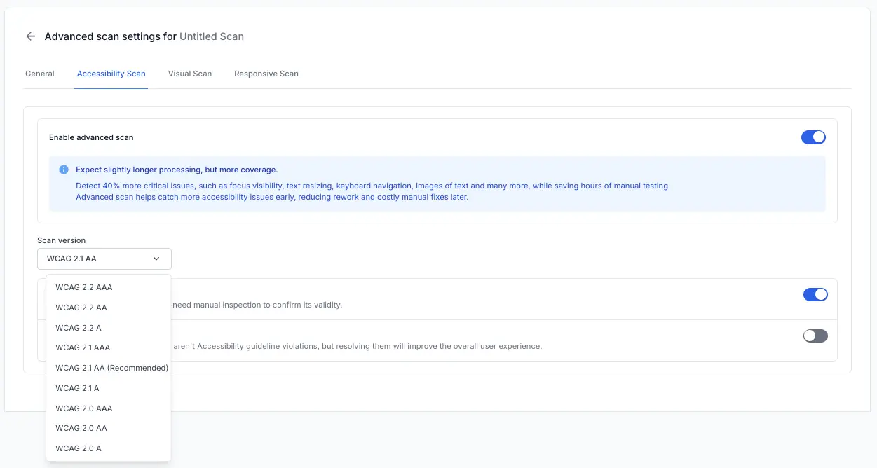Accessibility scan advance scan versions