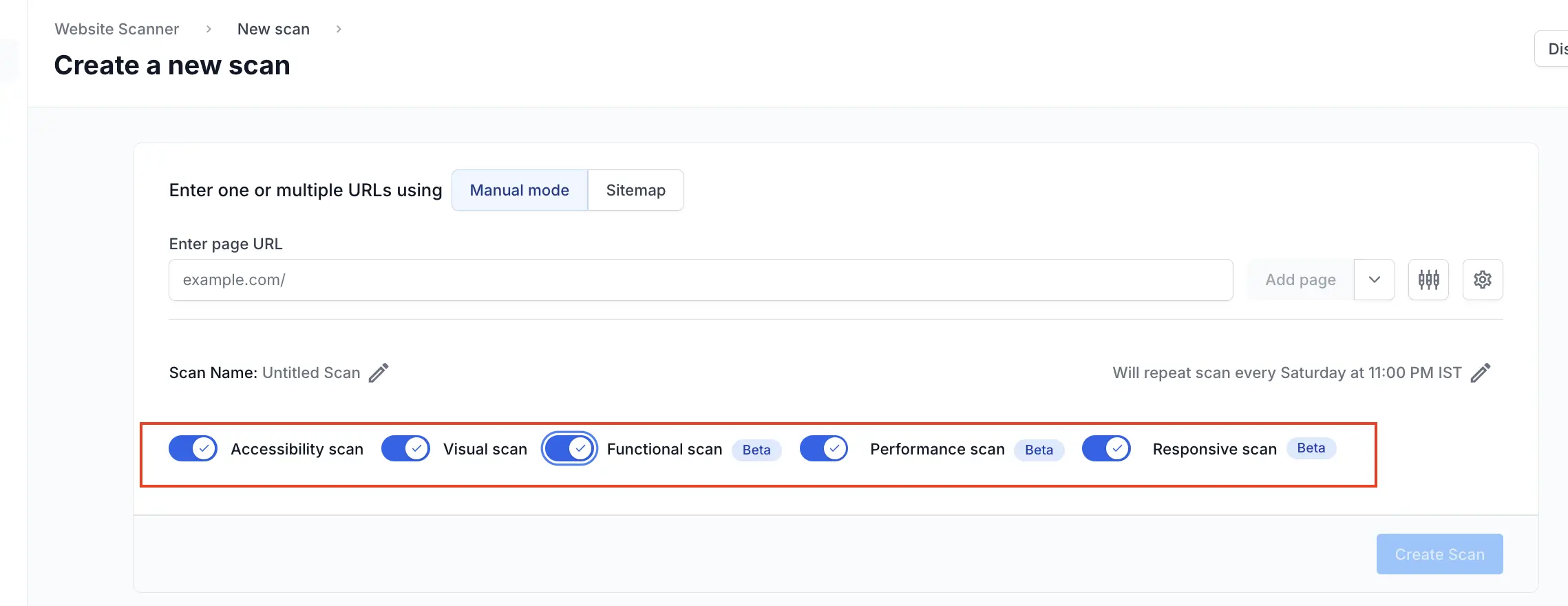 Toggle options for available website scanners