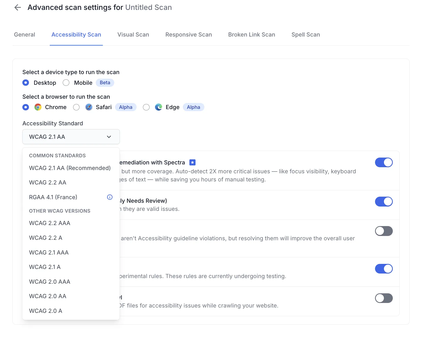 The Accessibility Standard list expanded, showing common standards and other WCAG versions