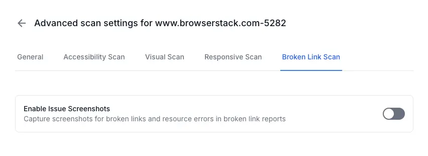 Broken Link Scan tab showing the Enable Issue Screenshots toggle