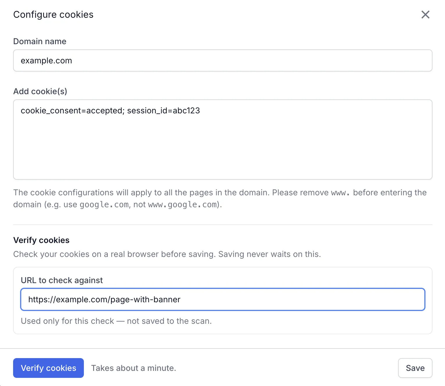 Configure cookies dialog with example.com as the Domain name and two cookies in the Add cookie(s) field