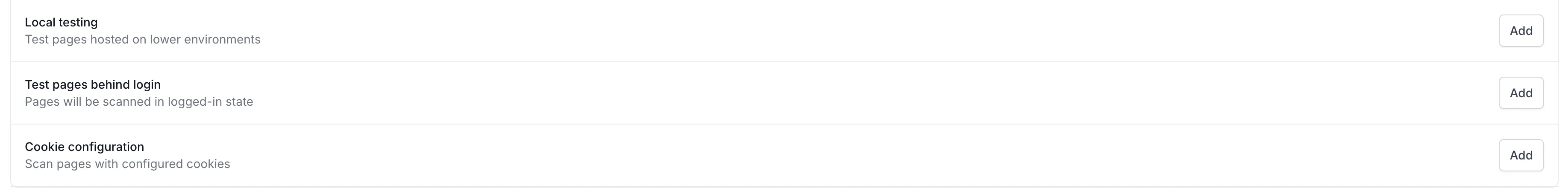 Advanced scan settings rows for Local testing, Test pages behind login, and Cookie configuration, each with an Add button