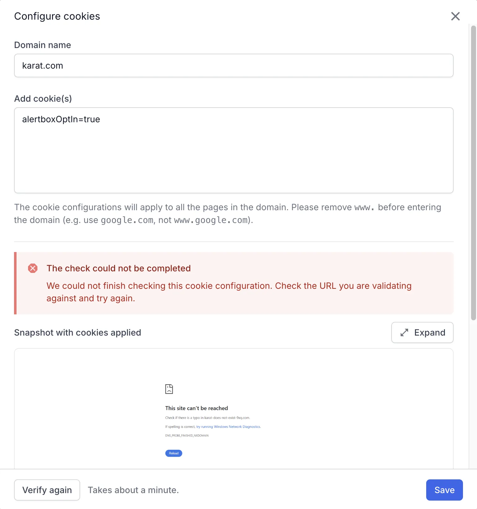 The check could not be completed result, with a snapshot of the browser error page that reads This site can't be reached