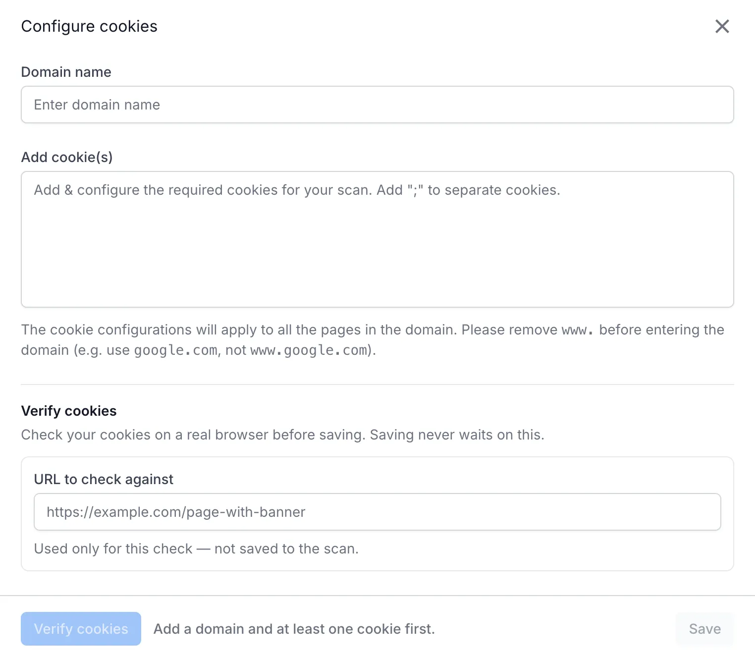 Configure cookies dialog with the Verify cookies section, the URL to check against field, and the disabled Verify cookies button