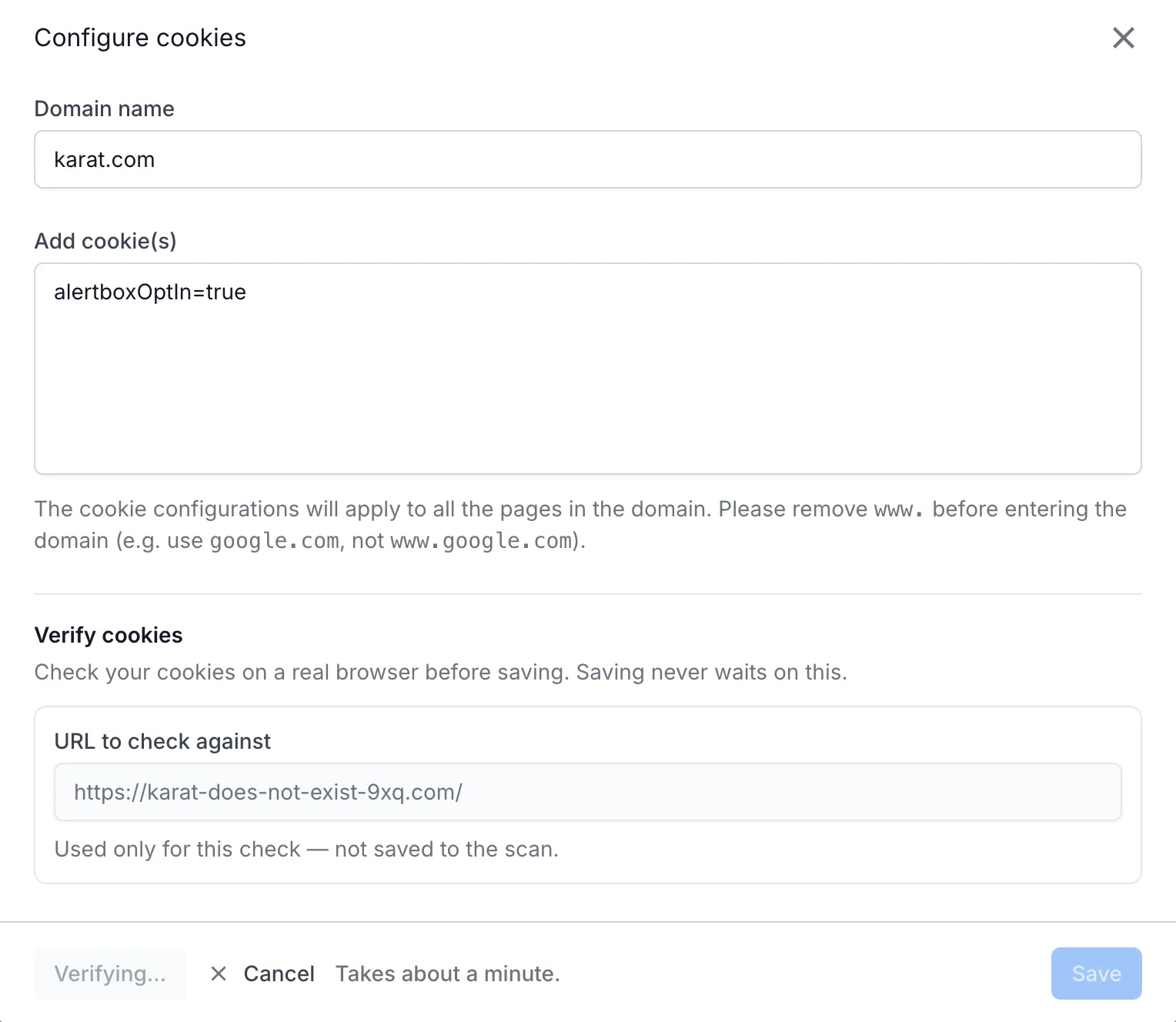Configure cookies dialog during the check, with the Verifying... label, the Cancel link, and the Save button disabled