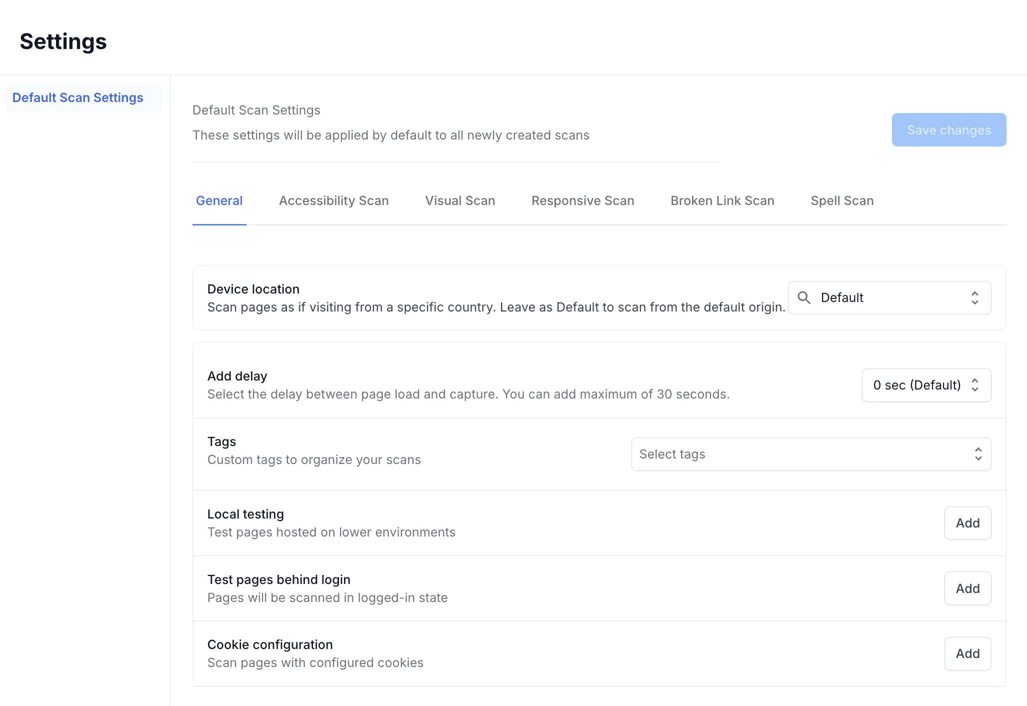 General tab of Default Scan Settings, showing Device location, Add delay, Tags, Local testing, Test pages behind login, and Cookie configuration.