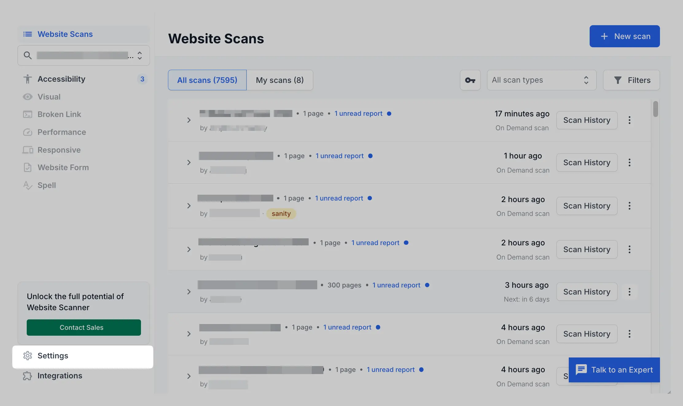 The Settings option at the bottom of the Website Scanner left navigation