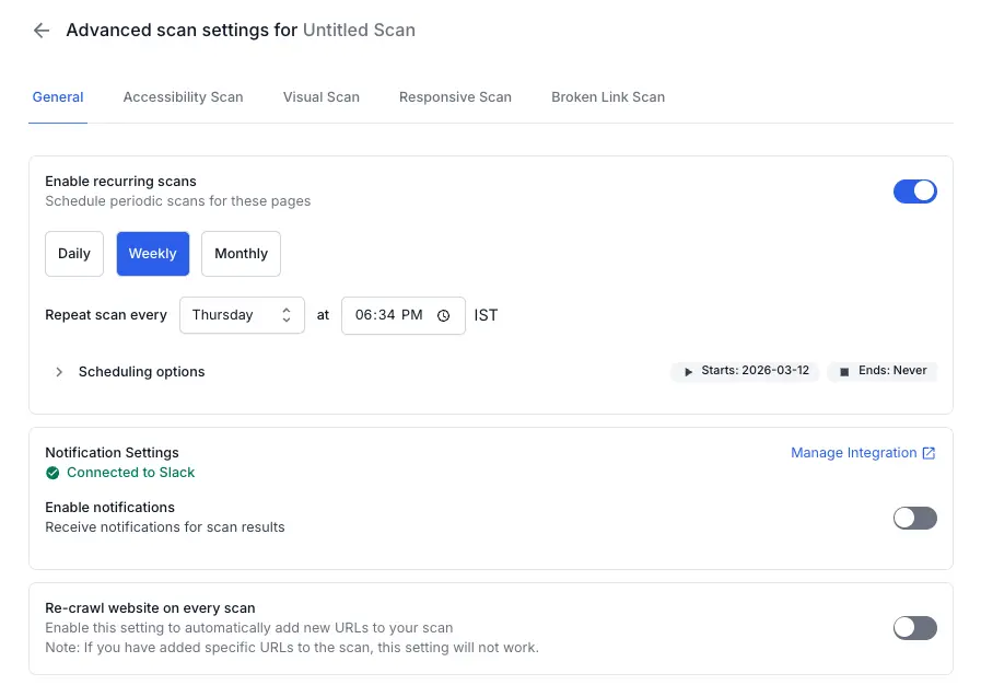 Re-crawl website on every scan toggle in the ON position