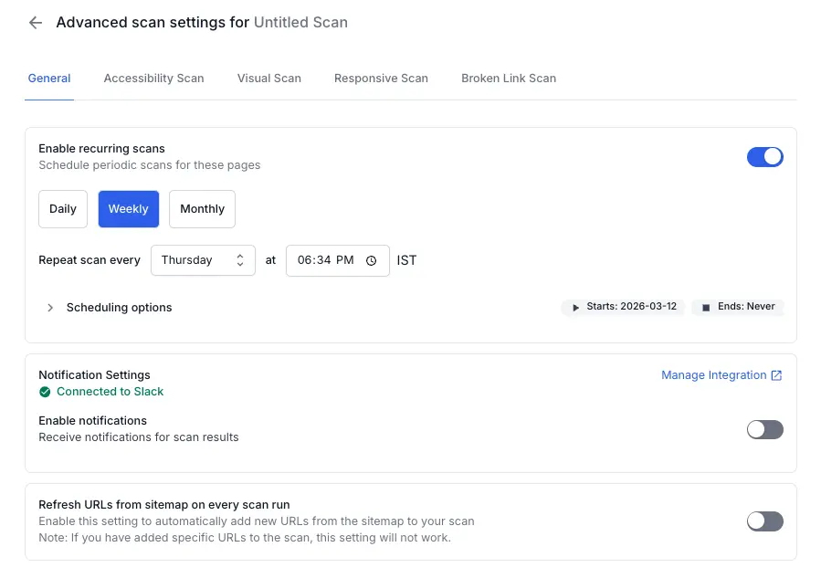 Refresh URLs from sitemap on every scan run toggle in the ON position