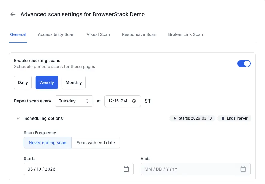 Schedule recurring scan showing start and end date fields with daily, weekly, and monthly frequency options