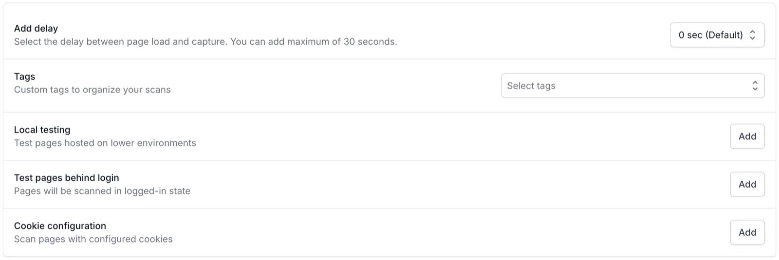 Advanced scan settings showing the Test pages behind login row with its Add button