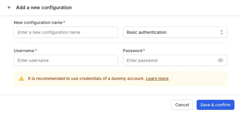 Basic authentication configuration dialog showing the Login page URL, Username, Password, and CSS selector fields