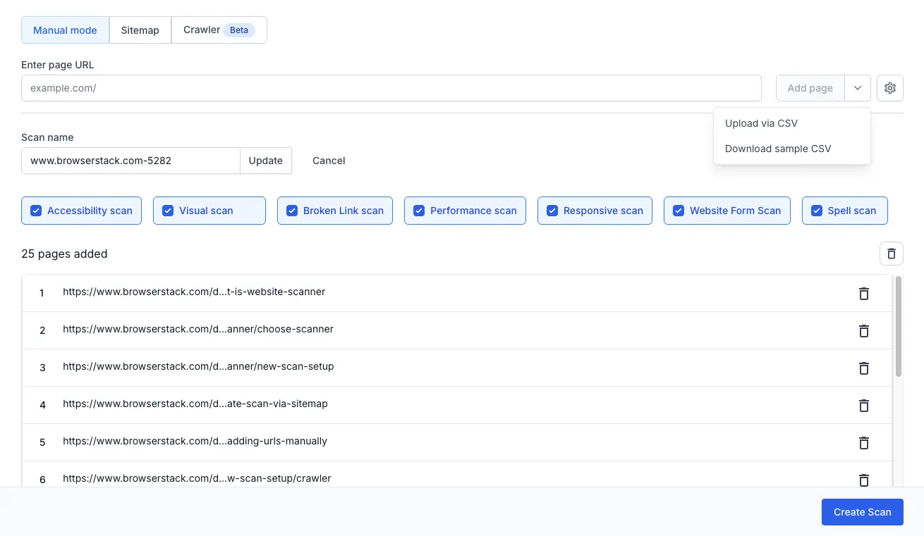 Create a new scan page showing the Manual mode tab with the Enter page URL field
