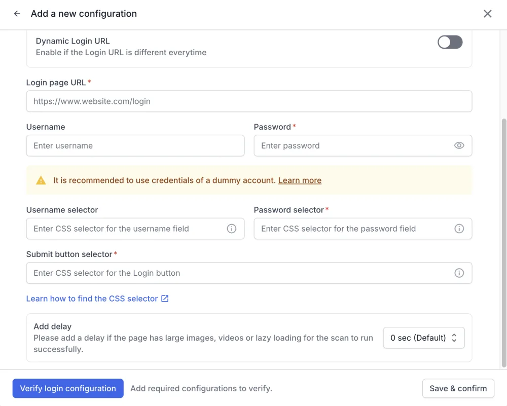 Add a new configuration dialog showing the selector fields and the Add delay dropdown below them