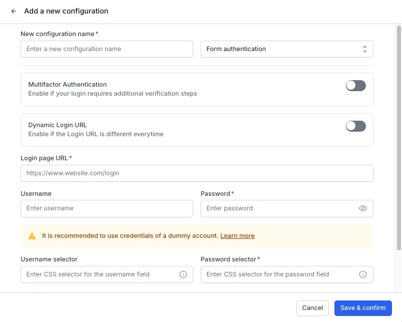 Form authentication configuration dialog showing the Configuration name field and Authentication type dropdown with Form authentication selected