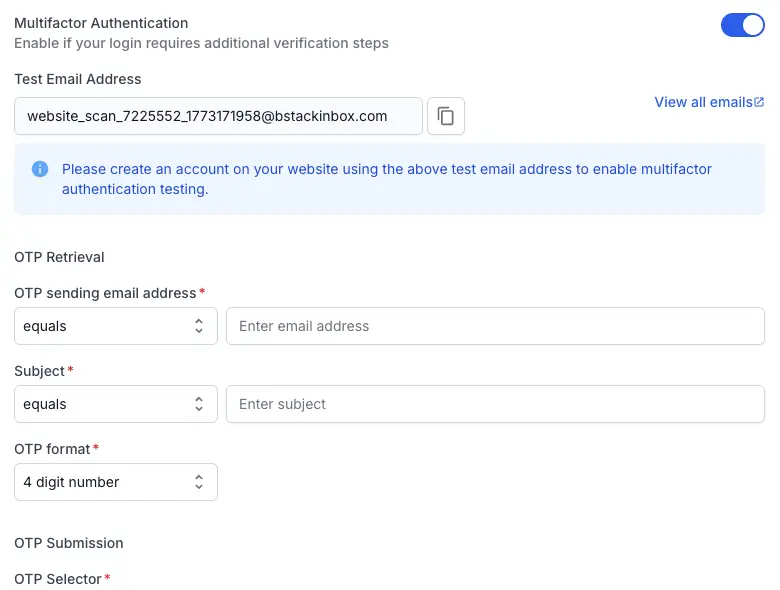 MFA configuration fields showing Test Email Address, OTP sending email address, Subject, OTP Format, OTP Selector, and OTP submit button selector
