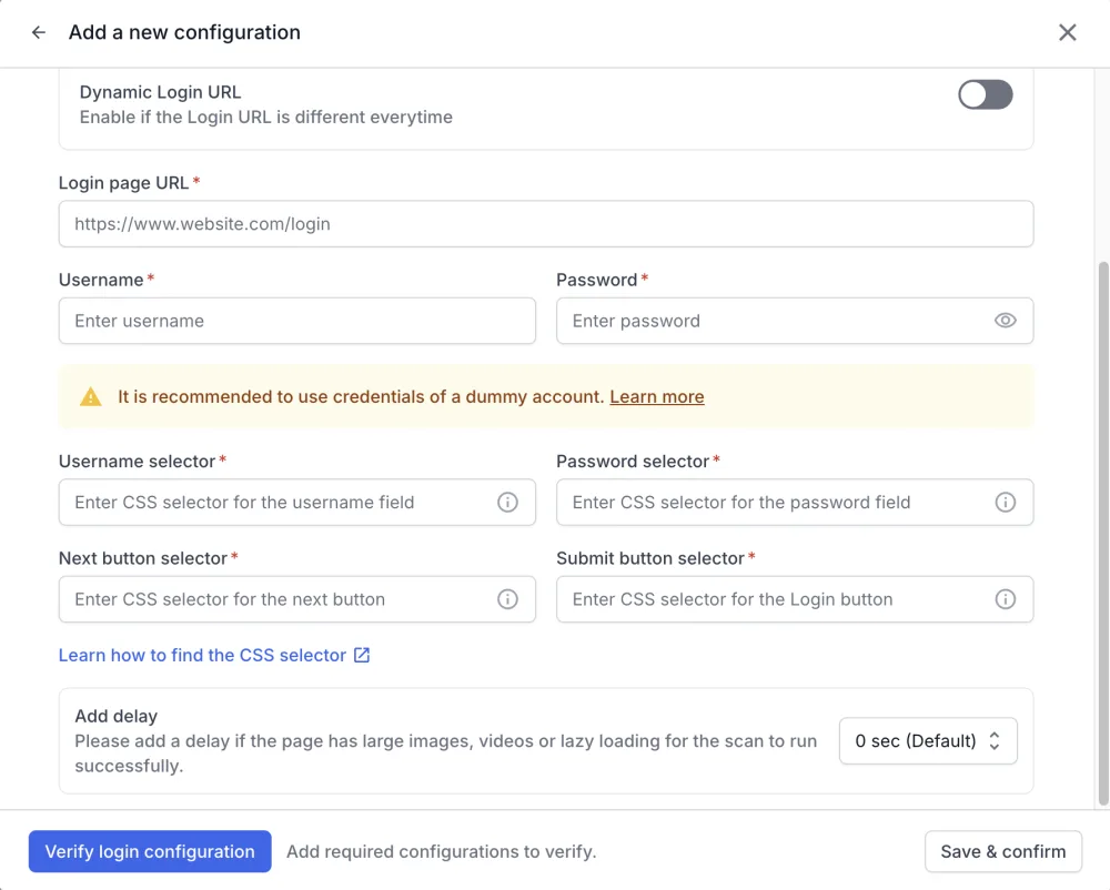 Multipage authentication dialog showing the Username, Password, Next button, and Submit button selector fields and the Add delay dropdown